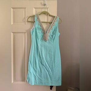 Lilly Pulitzer Aqua Embellished V-Neck Shift Dress Sz 4